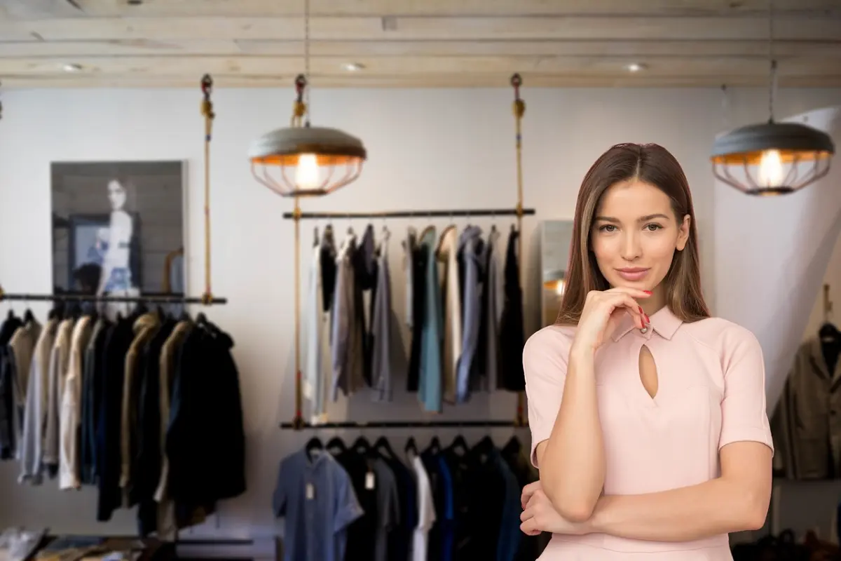 A shop owner stands in her clothing store, the kind of business where a new enquiry arrives while she is serving someone else.