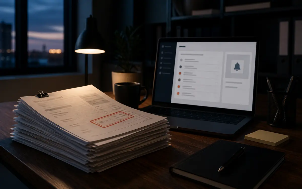 A stack of unpaid invoices under a desk lamp at closing time, one stamped overdue, beside a laptop showing an accounting reminder.