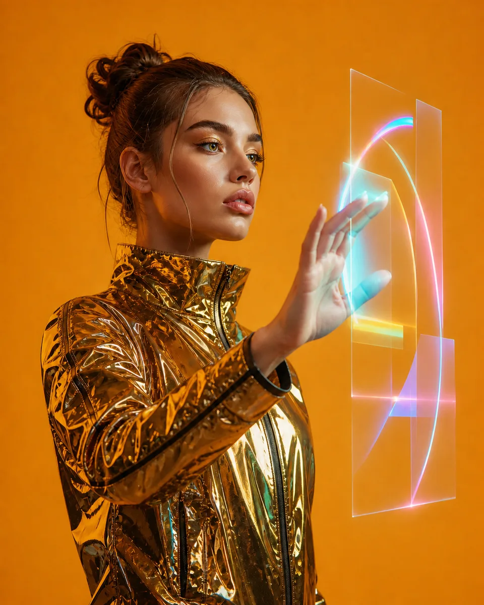 Person in a gold jacket working a holographic interface