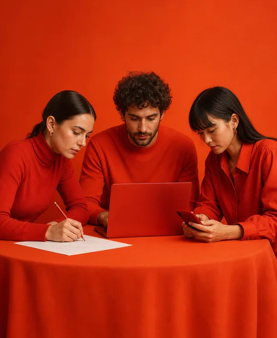 Three team members working at one table